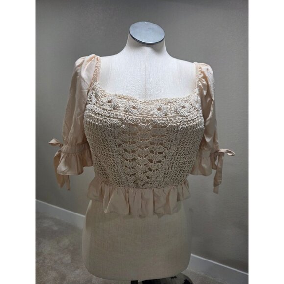 Milk & Honey Beige Crochet Lace Blouse With Puff Sleeves & Tie Back L - Picture 1 of 7